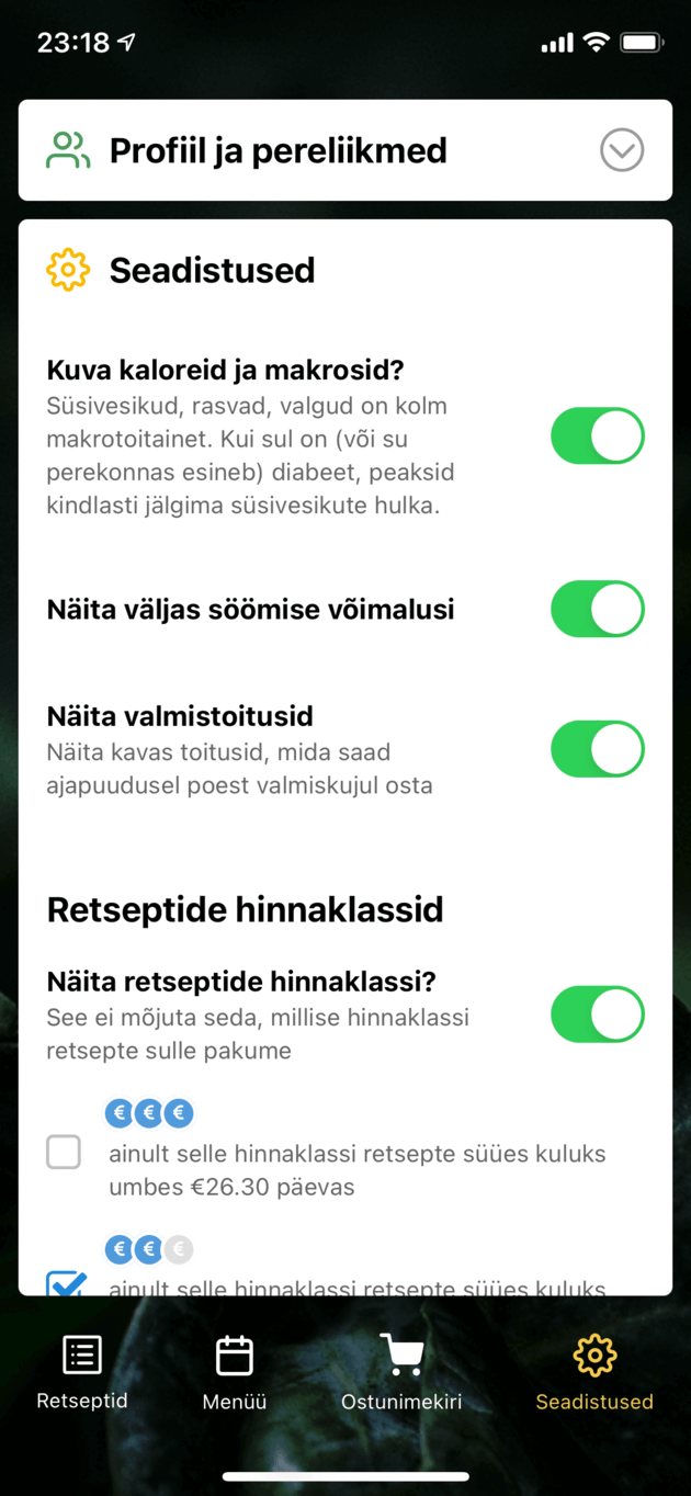 Määra ise, millise hinnaklassi toite soovid